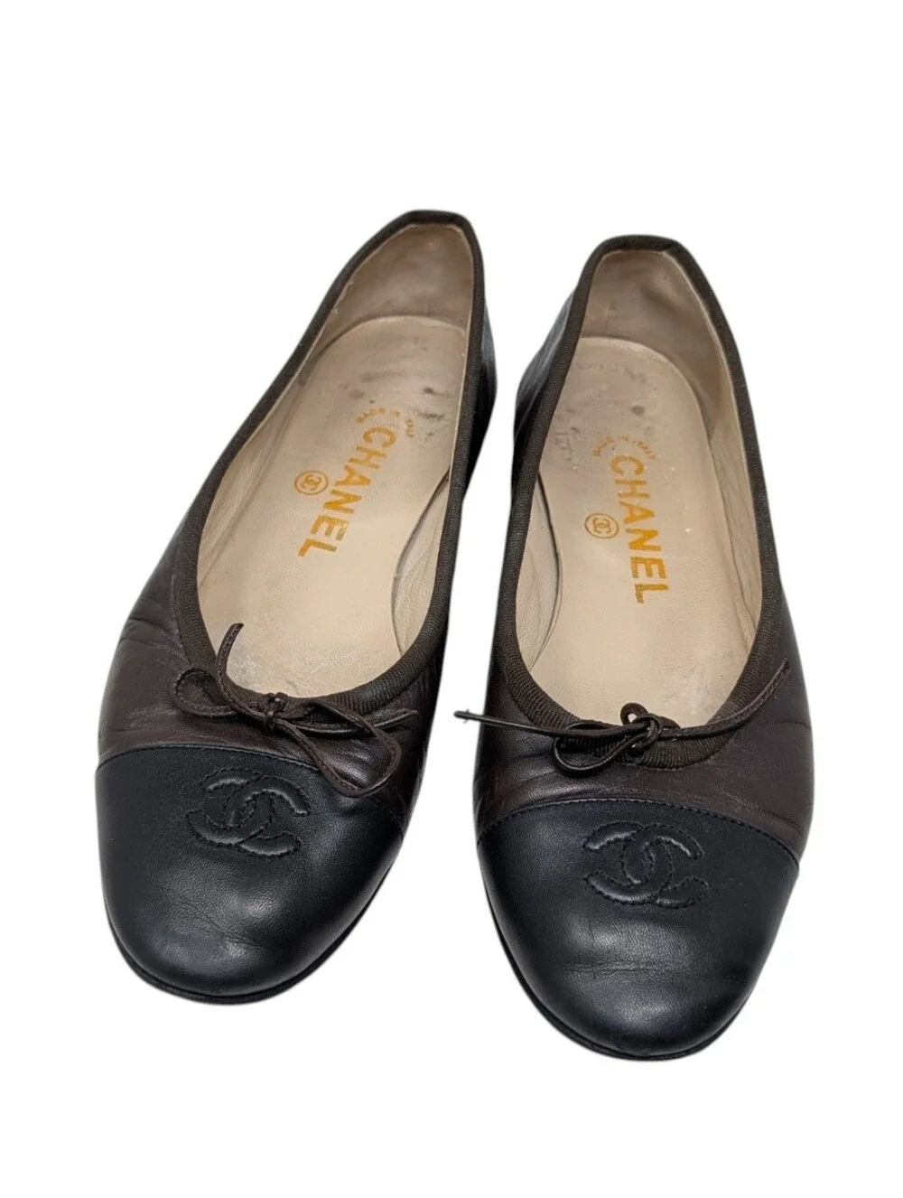 Chanel Brown Leather Cap Toe Interlocking CC Ballerina Ballet Flats Size EU 37.5